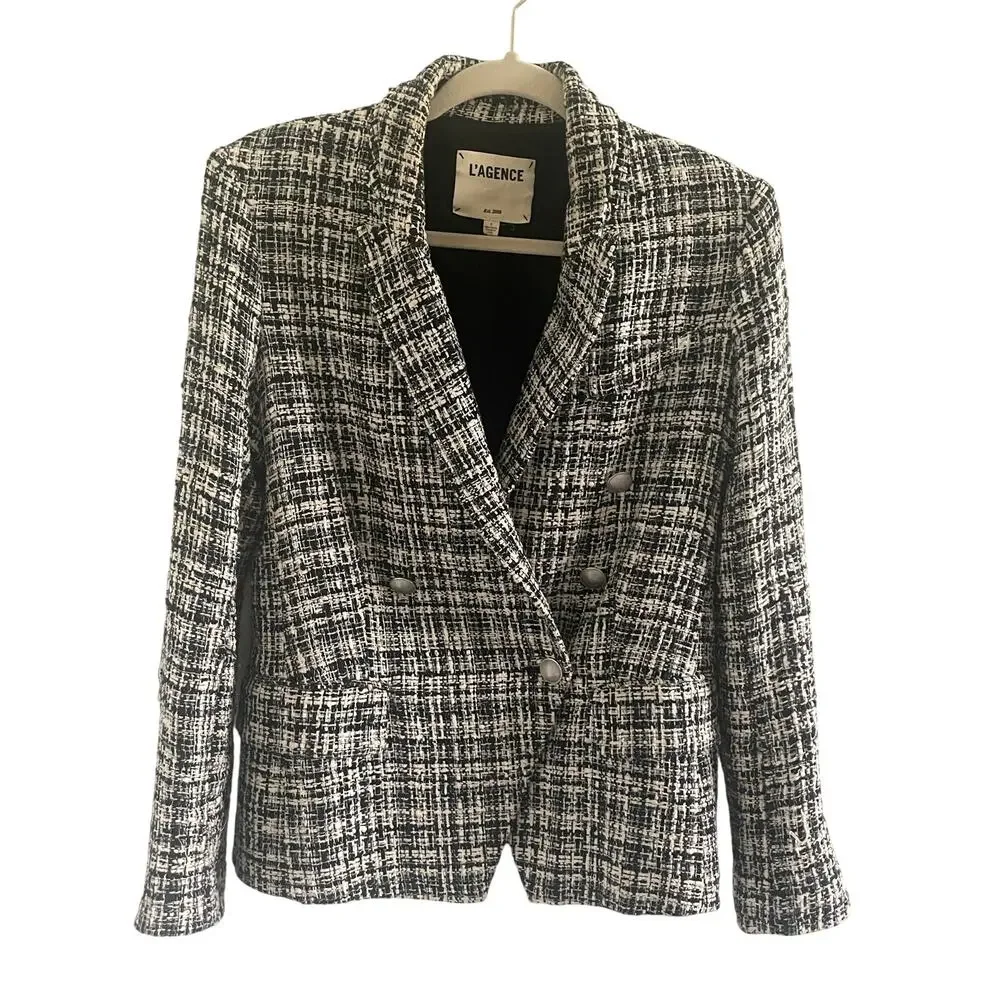 L’Agence Kenzie Tweed Blazer Black Cream Double Breasted Jacket Size 6
